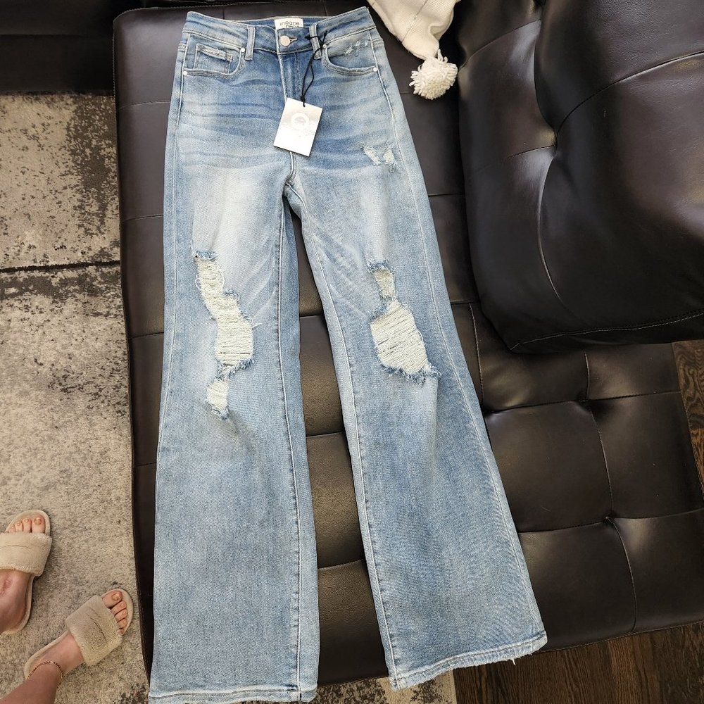 Distressed wide leg, boot cut jeans